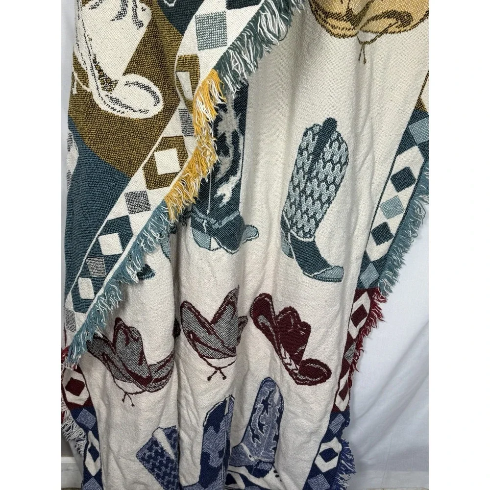 Vintage Western Cowboy Boots Tapestry Afghan Fringe Throw Cowgirl Ranch Decor